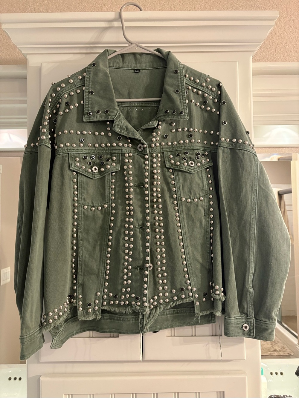 Studded Olive Green Women's Denim Jacket